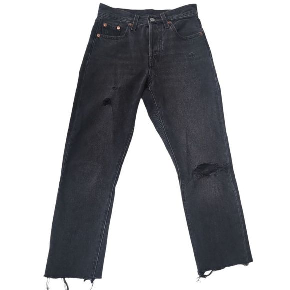 LEVI'S Black 501 Skinny Distressed Raw Hem Jeans Denim Pants Size 23x28 - Picture 1 of 9